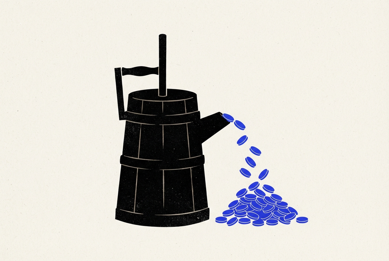 Black ink illustration of a traditional butter churn dropping blue coins instead of butter, symbolizing a platform that monetizes every step of the advertising chain.