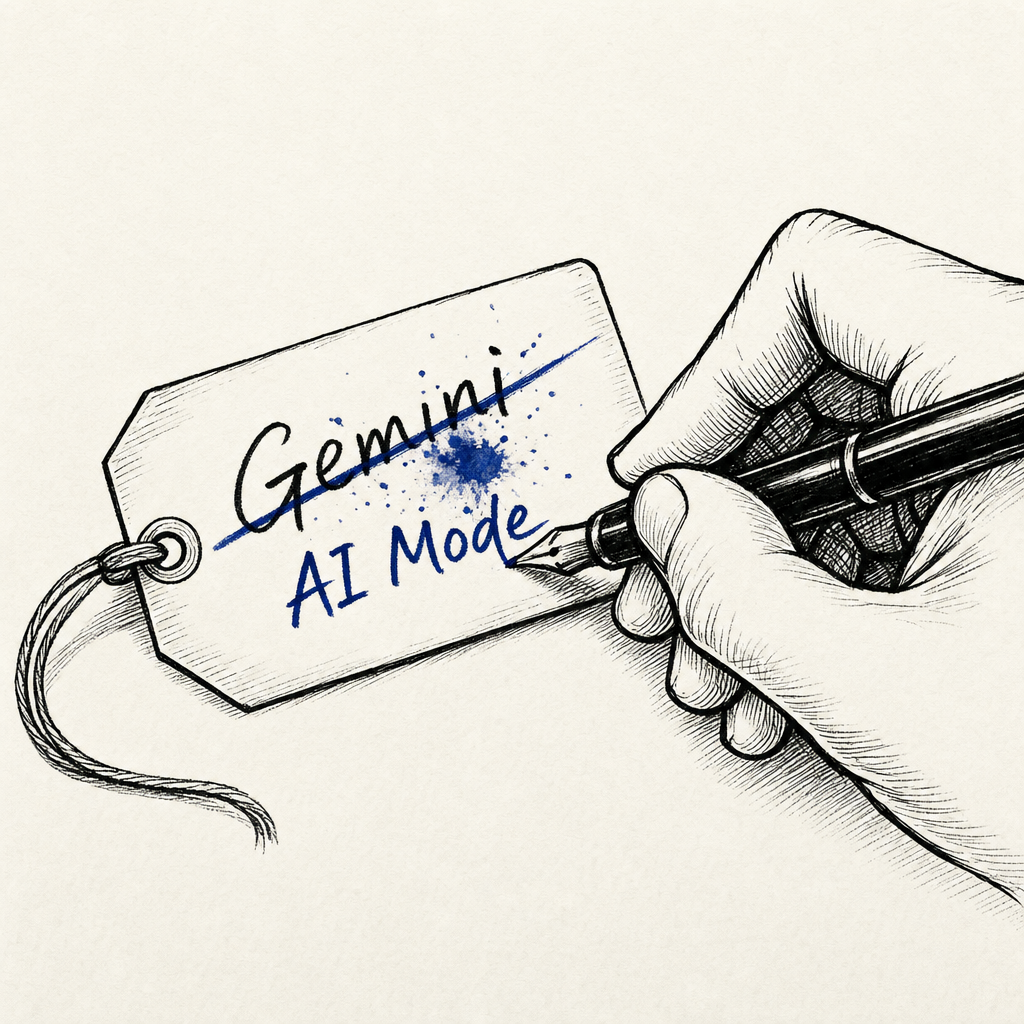 Illustration en encre noire d'une main qui raye le mot Gemini sur une étiquette et écrit AI Mode juste en dessous, avec une tache d'encre bleue sur la correction, symbole de la confusion de nommage des produits IA de Google.