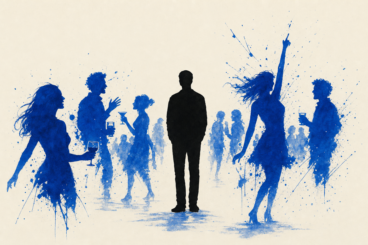Illustration en encre noire d'une silhouette neutre au milieu d'une soirée, entourée de silhouettes en tache d'encre bleue, symbole du CPM dont la valeur dépend entièrement de qui l'accompagne.