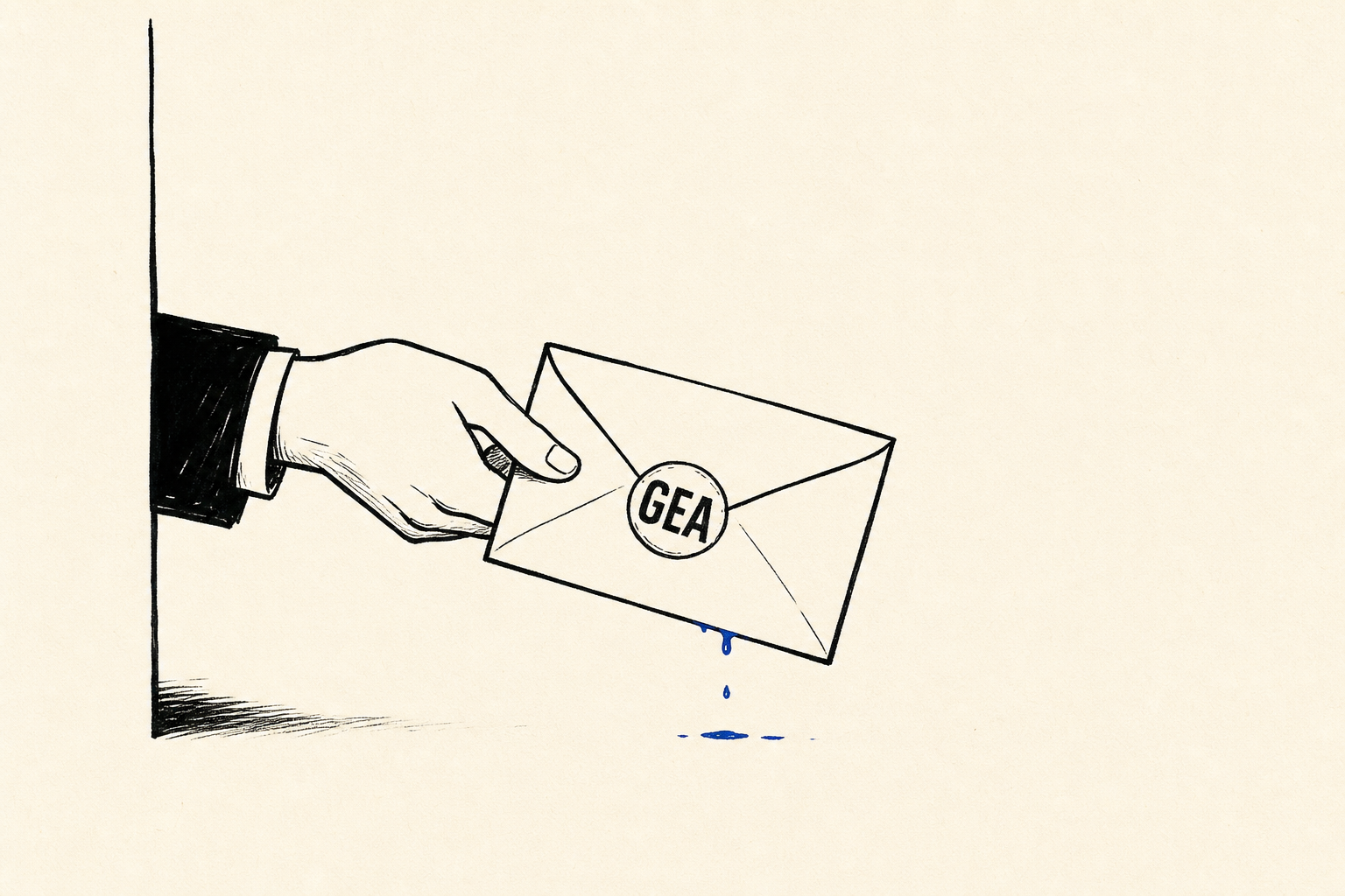 Illustration en encre noire d'une main tendant discrètement une enveloppe scellée marquée GEA, symbole d'une information soufflée en avant-première par un account manager Google Ads.