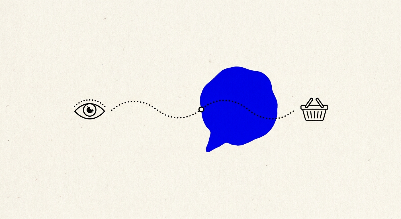 Illustration en encre noire d'un œil qui suit en pointillés le chemin vers un panier de courses, mais le trajet traverse une grande tache d'encre bleue en forme de bulle de conversation, symbole de l'angle mort du retargeting face à la consultation d'une IA avant achat.