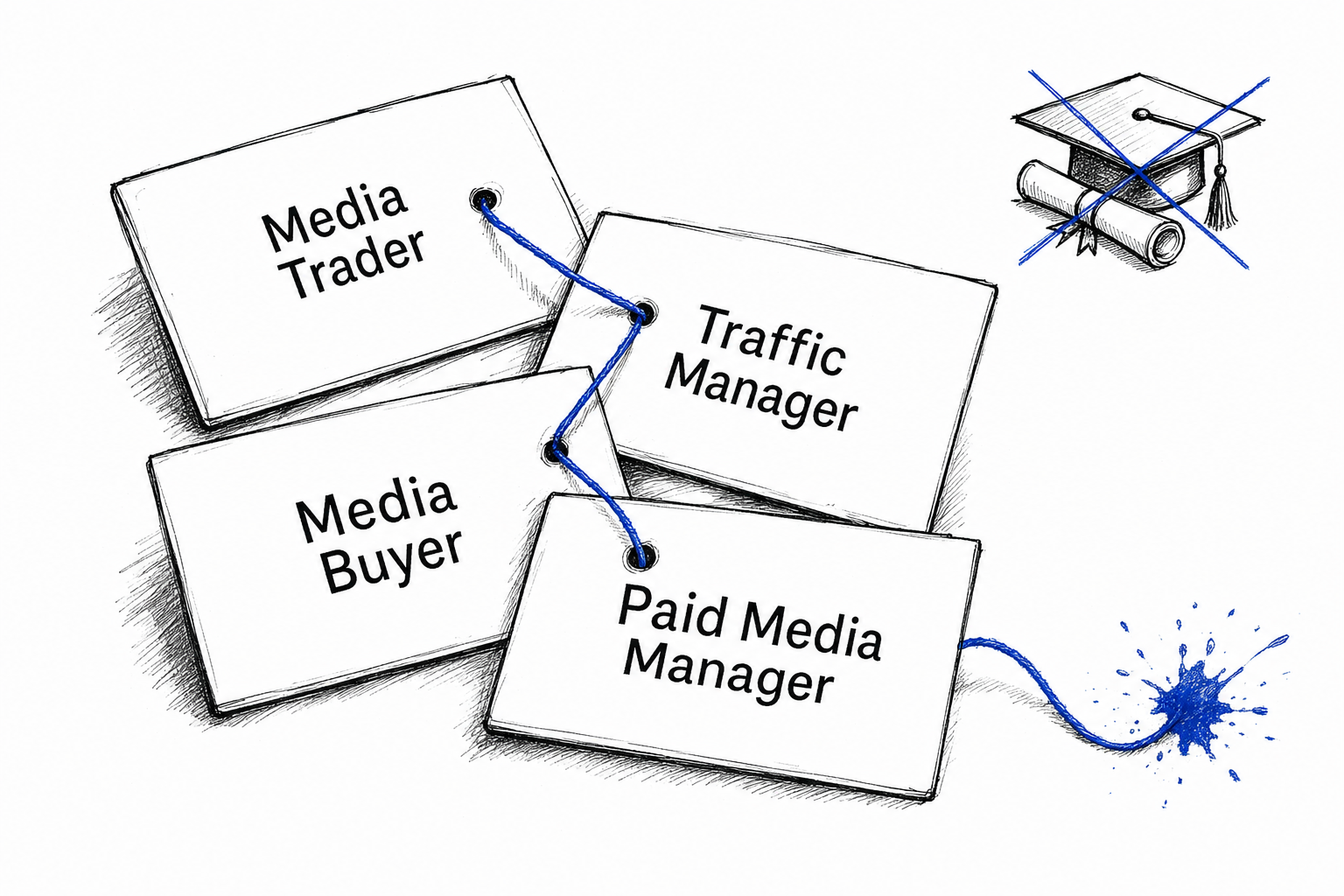 Illustration en encre noire d'une pile de cartes de visite empilées portant chacune un intitulé de poste différent (media trader, traffic manager, media buyer), toutes reliées par un même fil bleu, symbole d'un seul métier caché derrière plusieurs étiquettes.