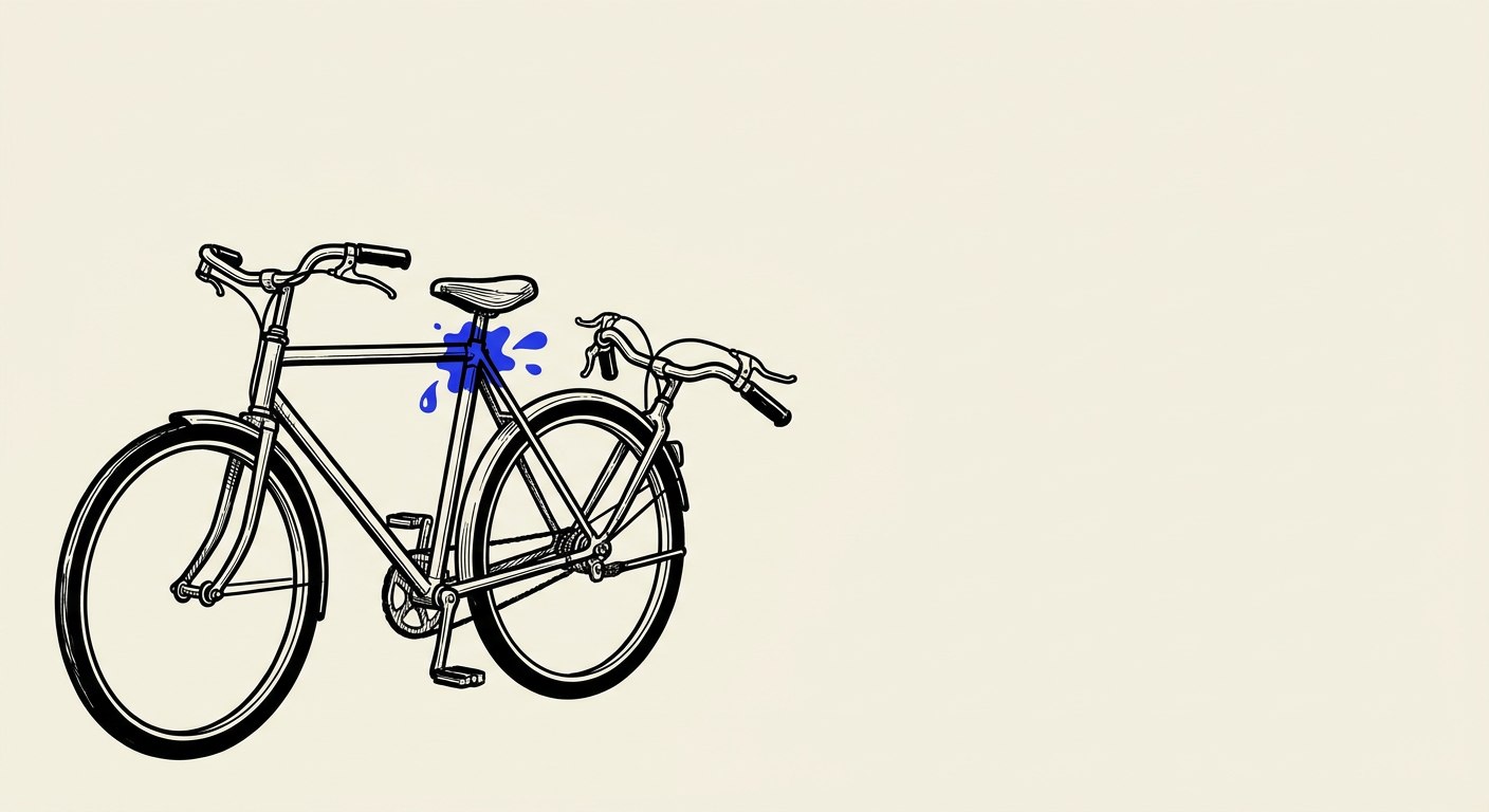 Illustration en encre noire d'un vélo publicitaire avec deux jeux de guidons, un à l'avant et un à l'arrière près de la selle, avec une tache d'encre bleue à leur jonction, symbole du raté visuel généré par l'IA de Meta Ads.