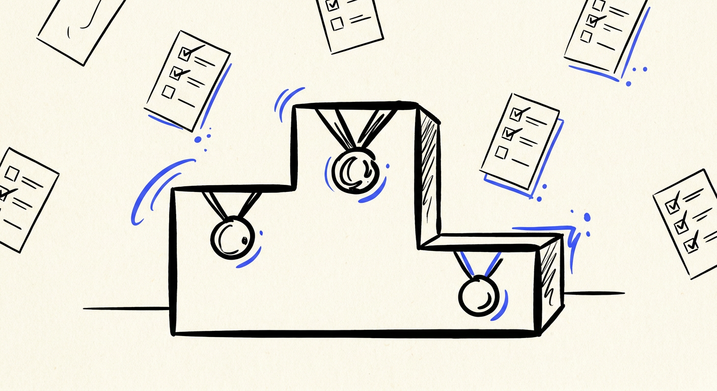 Illustration en encre noire d'un podium à trois marches, chaque marche affichant un logo de laboratoire IA stylisé sous forme de médaille, sur fond de bulletins de vote.